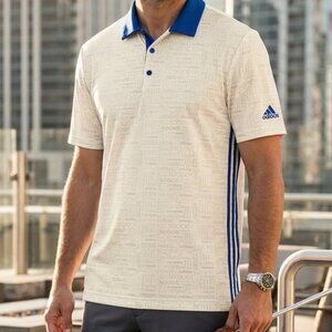 Climalite Golf Adidas White Blue Wordmark Print Polo Shirt L‎ Large